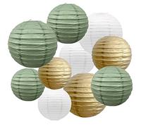 Lot de 10 lanternes rondes en papier sauge verte, blanche et dorée - Décoration pour mariage, fête prénatale, sexe, reveal d'anniversaire, décoration