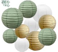 Lot de 10 lanternes Rondes en Papier Vert Sauge Blanc et Or - Lanterne Ronde en Papier à Suspendre - Décoration pour Mariage, mariée, fête prénatale, Sexe - Décoration d'anniversaire