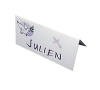 lot de 10 MARQUES PLACES CARTONNES COLOMBE personnalisée avec votre texte pour communion couleur mauve et blanc - ballotin à dragées design et moderne