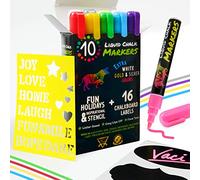 Lot de 10 marqueurs à craie par Vaci, pochoirs de vacances + 16 étiquettes, stylos néon liquide de qualité supérieure, pointes ogive ou biseautées réversibles