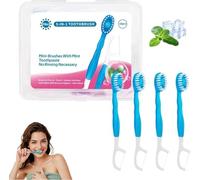 Lot de 10 mini brosses à dents jetables 5 en 1 avec fil dentaire, médiator et gratte-langue, soins bucco-dentaires portables pour le travail de voyage (saveur menthe, 10 pièces)
