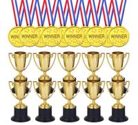 Lot de 10 mini coupes dorées et 10 médailles d'or pour anniversaire d'enfant, médaille pour jeux scolaires, football, petite coupe pour les fêtes et les compétitions