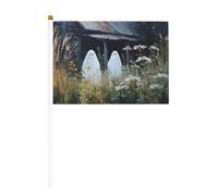 Lot de 10 mini drapeaux à main avec deux fantômes mignons dans le jardin, pour fête, activités d'équipe, défilés, décoration de vacances