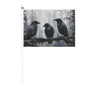 Lot de 10 mini drapeaux à main avec trois corbeaux noirs sur bâton pour fête, activités d'équipe, défilés, décoration de vacances