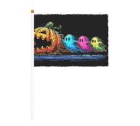 Lot de 10 mini drapeaux à main avec trois fantômes de dessin animé citrouille d'Halloween sur bâton pour fête, activités d'équipe, défilés, décoration de vacances