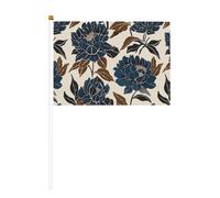 Lot de 10 mini drapeaux à main bleu marine et marron à grandes fleurs sur bâton pour fête, activités d'équipe, défilés, décoration de vacances