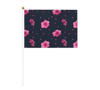 Lot de 10 mini drapeaux minimalistes à pois roses avec fleurs d'hibiscus sur bâton pour fête, activités d'équipe, défilés, décoration de vacances