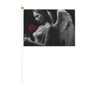 Lot de 10 mini drapeaux tenus à la main en forme de belle femme tenant une rose rouge sur bâton pour fête, activités d'équipe, défilés, décoration de vacances