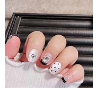 Lot de 10 ongles courts faits à la main avec nœud à pois - Décoration d'ongles classique noire française pour femmes et filles (19804-S)