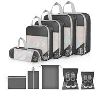 Lot de 10 Organisateurs de Valise à Compression, Packing Cubes Compression Noir, Pochettes de Rangement Voyage en Maille, Cubes de Bagage Multi-Tailles avec Sacs à Chaussures et Accessoires