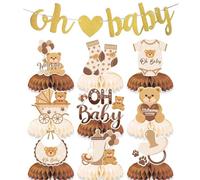 Lot de 10 oursons décoratifs pour fête prénatale - Oh Baby Shower - Avec nid d'abeille - Pour révélation de genre et de baptême - Pour garçons et filles - Accessoires de fête - Marron neutre - Beige