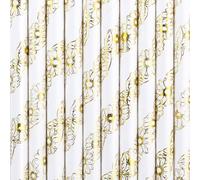 Lot de 10 pailles en papier, avec fleurs, jetables, 19 cm, pour cocktail, décoration de fête, blanc doré