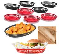 Lot de 10 paniers de restauration rapide ovales de 24 x 15,5 x 4,5 cm, 50 feuilles de papier d'emballage de qualité alimentaire, pour hot-dogs, hamburgers, frites, bonbons, chips, collations