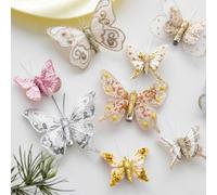 Lot de 10 papillons artificiels faits à la main à clipser pour sapin de Noël, couronnes et guirlandes en plastique léger (rose)