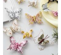 Lot de 10 papillons artificiels faits à la main avec clips pour couronne de Noël, guirlande, arbres en plastique léger (rose)