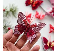Lot de 10 papillons artificiels faits à la main avec clips pour couronne de Noël, guirlande, arbres en plastique léger (argenté)