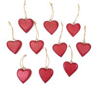 Lot de 10 pendentifs en forme de cœur en bois rouge avec cordon en jute d'env. 4,5 cm - À suspendre - En bois massif laqué rouge