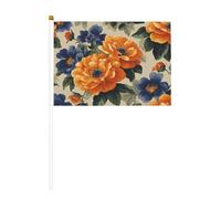 Lot de 10 petits drapeaux à main à fleurs orange et bleu marine sur bâton pour fête, activités d'équipe, défilés, décoration de vacances