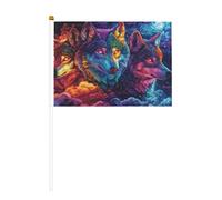 Lot de 10 petits drapeaux à main avec 3 loups magiques - Couleurs fluo - Mini drapeaux sur bâton pour fête, activités d'équipe, défilés, décoration de vacances