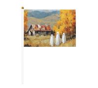 Lot de 10 petits drapeaux à main avec arbres d'automne dorés, trois fantômes, mini drapeaux sur bâton pour fête, activités d'équipe, défilés, décoration de vacances