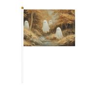 Lot de 10 petits drapeaux à main mignons fantômes blancs dans une forêt d'automne sur bâton pour fête, activités d'équipe, défilés, décoration de vacances