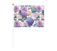 Lot de 10 petits drapeaux à main Motif d'hortensias roses sur bâton pour fête, activités d'équipe, défilés, décoration de vacances