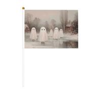 Lot de 10 petits drapeaux blancs mignons fantômes blancs dans un paysage glacé enneigé, mini drapeaux sur bâton pour fête, activités d'équipe, défilés, décoration de vacances