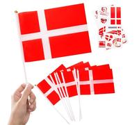 Lot de 10 petits drapeaux du Danemark sur bâtons et 2 tatouages, décorations du Danemark Oly 2024, mini drapeaux du Danemark, drapeaux à main pour jeux Oly 2024, football, événements sportifs, fête