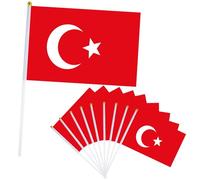 Lot de 10 Petits Drapeaux Turquie, 21x14cm Petit Drapeau Turquie avec Bâton en Plastique Mini Drapeau Turkey pour Eurovision Jardin Bar Euro Compétition Sportive,Coupe du Monde football Fêtes Décor