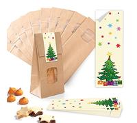 Lot de 10 petits sacs à fond marron avec fenêtre + insert en cristal 10 x 6,5 x 27,5 cm + 10 autocollants de Noël rouge vert jaune - Sacs en papier de qualité alimentaire