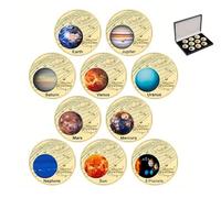 Lot de 10 pièces de Collection du système Solaire plaquées Or avec étuis individuels et Coffret de Rangement. Cadeau Unique et prestigieux.
