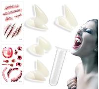 Lot de 10 pièces de thé de vampire - 4 tailles - Faux attrape-dents de vampire - Pour adulte - Avec 2 tubes de pastilles adhésives - Pour cosplay, fête, Halloween, horreur (blanc crème-23)