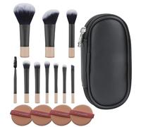 Lot de 10 pinceaux de maquillage de voyage - Format voyage - Mini pinceaux de maquillage avec pochette et 4 houppettes - Pinceau cosmétique professionnel pour fond de teint, anti-cernes, poudre, fard
