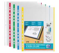 Lot de 10 Pochettes perforées Oxford A4 polypro lisse bords colorés assorti