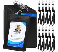 Lot de 10 Porte Badge Cordon Tour de Cou, Porte badge Verticaux en cuir PU avec Cordon en Nylon Détachable, 2 emplacements pour cartes d'identité, avec fenêtre transparente pour Bureau, École (Noir)