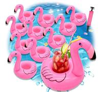 Lot de 10 porte-gobelets flottants pour piscine - Avec 1 pompe à air - Flamant rose - Décoration de fête pour jacuzzi, plage, fête