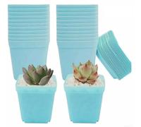 Lot de 10 pots de fleurs carrés en plastique avec plateaux de drainage conçus pour le drainage du sol et la ventilation adaptés aux petites plantes et aux petites plantes (bleu)