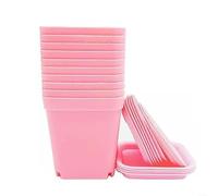 Lot de 10 pots de fleurs carrés en plastique avec trous de drainage et plateaux de drainage pour démarrage, plantes grasses, herbes et petites plantes (rose)