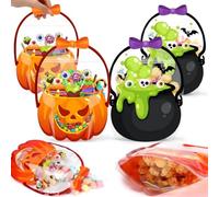 Lot de 10 sacs à bonbons d'Halloween avec poignées, 5 chaudrons et 5 pochettes en forme de citrouille refermables avec fenêtre transparente, 17,5 x 21 cm, sacs de fête d'Halloween pour cadeaux, sacs