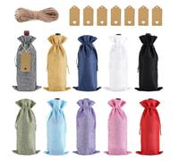 Lot de 10 sacs à vin en lin en 10 couleurs avec corde de chanvre de 10 m, 10 étiquettes marron, sacs réutilisables pour bouteille de fête