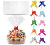 Lot de 10 sacs cadeaux transparents 75 x 100 cm | Grands sacs en cellophane en papier transparent avec 10 nœuds à tirer pour fleurs, paniers cadeaux