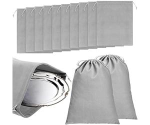 Lot de 10 sacs de rangement en tissu anti-ternissement pour bijoux en argent, argenterie, couverts, nettoyage contre le ternissement (gris foncé) 22,9 x 30 cm