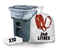 Lot de 10 Sacs Poubelle 240L Transparents [ Doublures de Container 2 Roues + Sangle de Fixation | Anti Salissures - Anti Odeur | Résistant - Anti Fuites | Normes CE, REACH, RSGP
