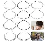 Lot de 10 serre-têtes en métal fin en zigzag - Noir - Pour homme et femme - Bandeau élastique - Unisexe - Pour maquillage quotidien, sport, fitness, yoga