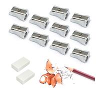 Lot de 10 taille-crayons à trou unique en alliage d'aluminium avec 2 gommes, taille-crayons simple à main, fournitures scolaires pour étudiants, pour étudier, peinture, crayons, crayons à sourcils.