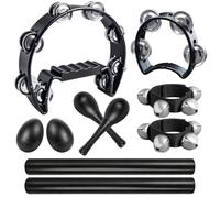 Lot de 10 tambourins et instruments de percussion avec tambourin demi-lune, bâtons de rythme en bois, clochettes de poignet, maracas pour église, fête, éducation musicale, adultes (noir)
