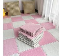 Lot de 10 tapis de jeu en mousse pelucheuse - Protection de sol carrée à poils longs - Tapis de jeu puzzle pour salle de jeux - 30 x 30 x 1 cm - Rose et blanc