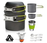Lot de 10 ustensiles de cuisine de camping - Batterie de cuisine d'extérieur - Pot de camping en aluminium - Kit de cuisine d'extérieur portable pliable - Mini réchaud de camping pour la randonnée, la