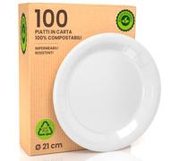 Lot de 100 assiettes en bioplastique jetables 100 % écologiques - Diamètre 21 cm - Ultra résistantes et rigides en bioplastique (PLA) - Biodégradables et compostables - parfaites pour pique-niques,
