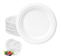 Lot de 100 assiettes jetables en carton blanc de 23 cm - Bagasse super rigide, écologique, compostable et biodégradable - Assiettes de fête robustes et robustes en canne à sucre pour aliments chauds